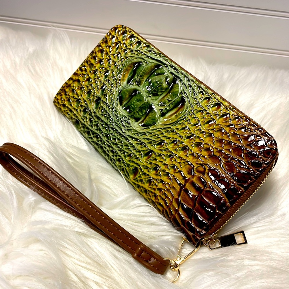 Tritexture Green & Brown Ombre Single Zipper Wallet with Strap